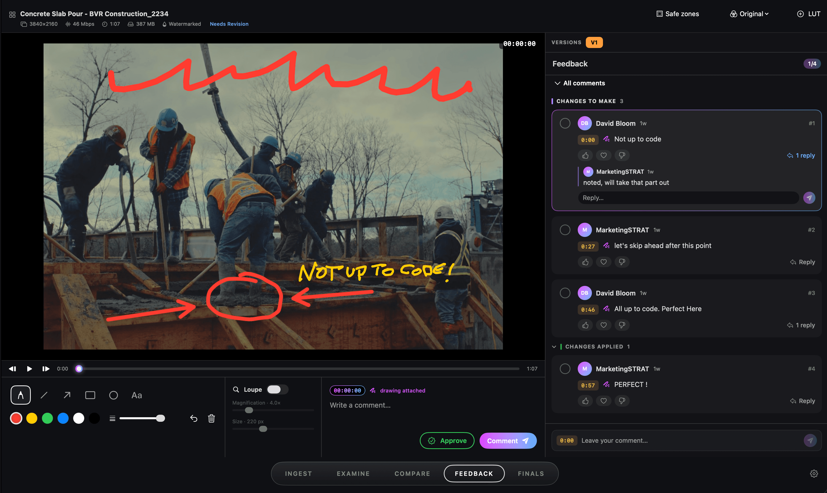 Actual UC review room showing frame annotations, comments and replies.