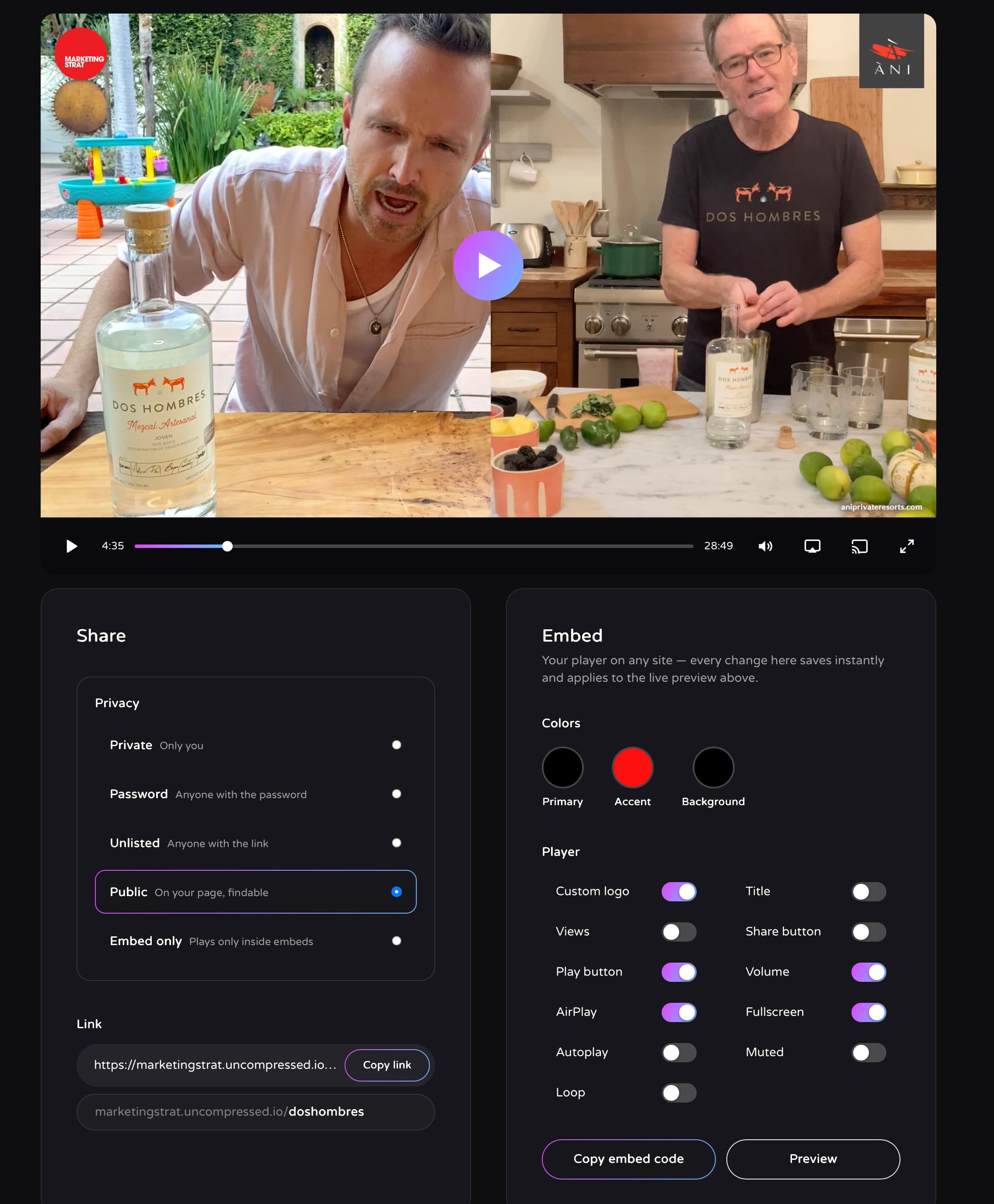 Full UC presentation screen with the player, branding and sharing settings.