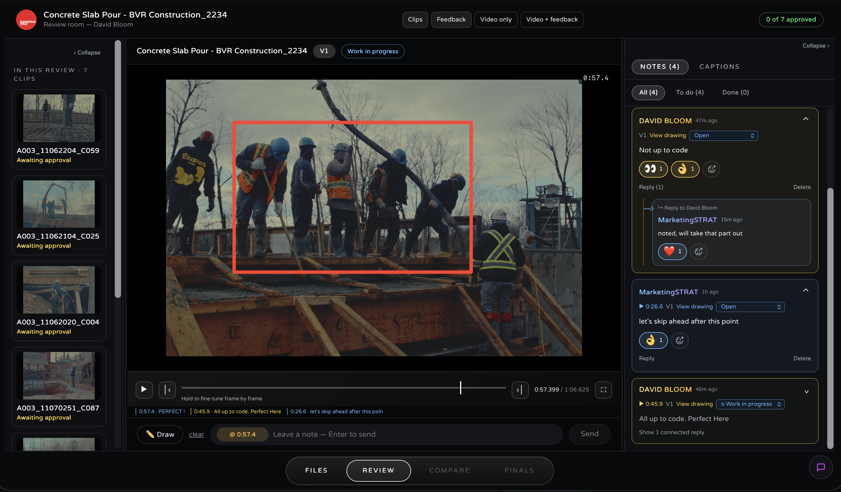 UC review room showing a frame annotation with its comment thread